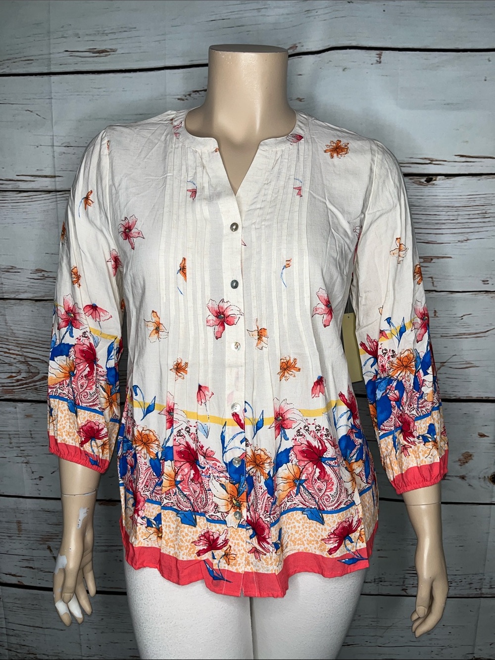 Fig & Flower NWT Size XL Floral Print Linen Blend Button Down Peasant Shirt Top